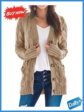 Womens Cable Knit Cardigan Long Sleeve Open Front Button Down Sweater Coat